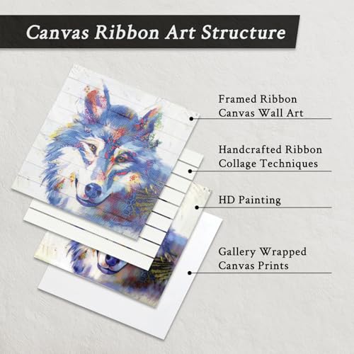 Blue Wolf Wall Art Canvas - Handmade Ribbon 20x20 Framed Animal Decor