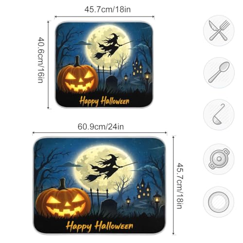 Halloween Witch Bat Dish Drying Mat - Extra Large 16 x 18 inches - Absorbent Kitchen Mat - Fall Decor