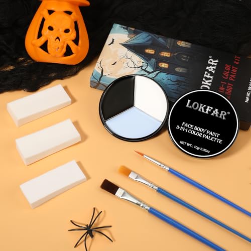 Skeleton/Skull Halloween Face & Body Paint Kit - Black, White, Grey/Gray, with Sponge & Brush
