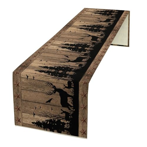 Rustic Deer Cabin Table Runner - Vintage Brown Wild Deer Wood Plank 13x36 Inch Cabin-8
