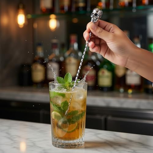 Skull 12-Inch Bar Spoon for Cocktail Mixing - Silver Handle, Homestia