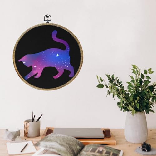 Galaxy Cat Wall Art - Round Framed Canvas Wall Decor for Cat Lovers - 10.2x10.2 Inches - Variation of Galaxy Cat 0585