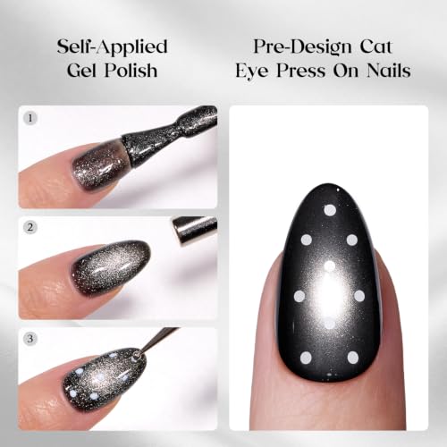 Press On Nails Short Almond Black Cat Eye with White Polka Dots - Variation 2B