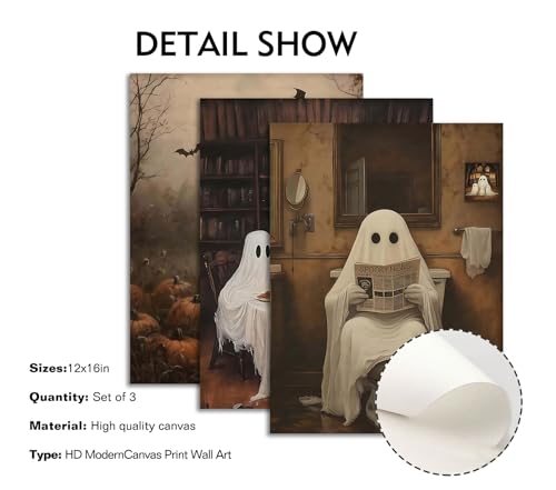 Halloween Ghost Canvas Wall Art Set - Spooky Bathroom Decor, 12x16 Inch Pumpkin Ghost Variation