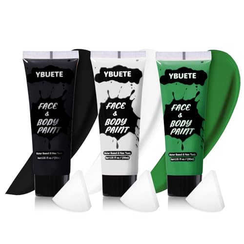 3-Pack Body Paint for Halloween Cosplay - Black, Green, White, 3.03 Fl Oz