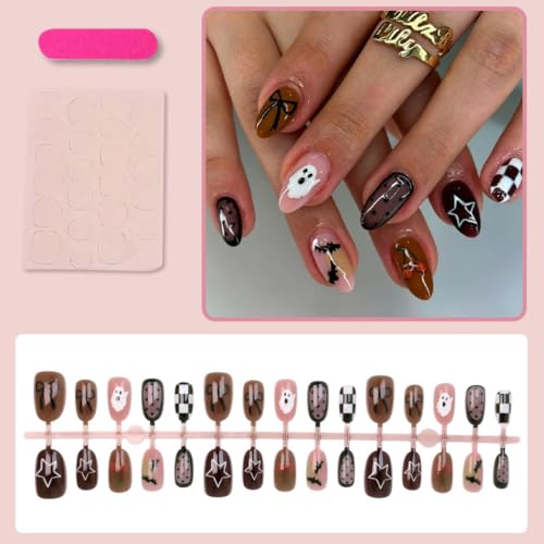 Halloween Press On Nails Short Almond Fake Nails with Ghost Bat Design - Brown Checkered Polka Dot - Variation 1