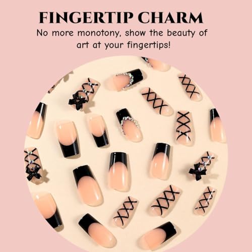 Black Press on Nails Long Coffin Fake Nails with 3D Bow Rhinestones - Style-3