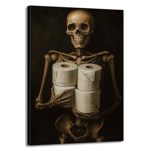 Halloween Skull Wall Art Canvas Print - Funny Skeleton with Toilet Paper, Framed 16x24 Inches - Variation Artwork-8