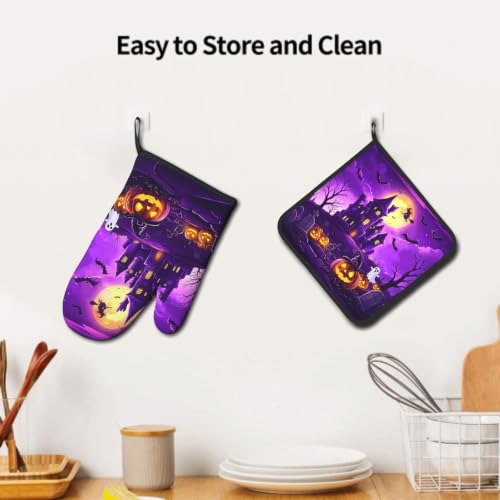 Halloween Purple Castle Oven Mitts and Pot Holders Set - Witch Bat Ghost Heat-Resistant Kitchen Gloves, 11"L x 7"W
