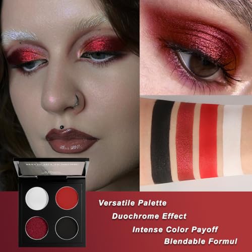 Goth Eyeshadow Makeup Kit - Multichrome Black Red White Palette with Matte Waterproof Lipstick - Halloween Gothic Makeup Set