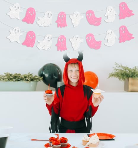 3 Pack Glitter Halloween Ghost Banner - Pink & White Hanging Decorations for Haunted House & Party