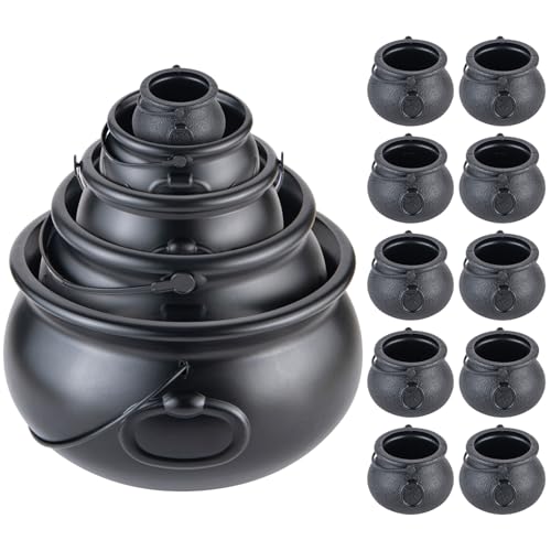 15 Pack Black Plastic Cauldrons for Halloween Party Decorations and Candy Holders