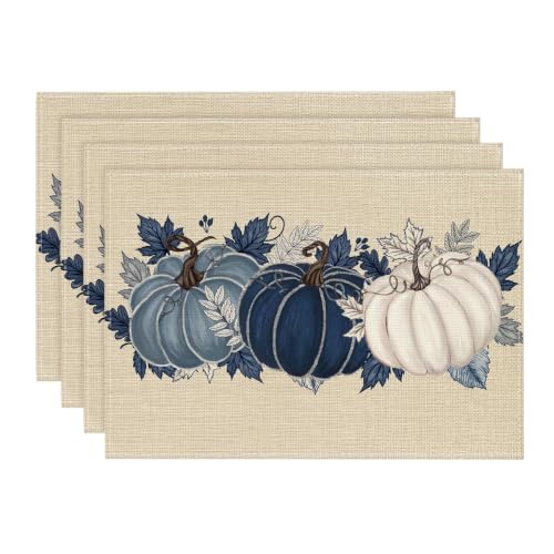 Navy Blue Pumpkin Fall Placemats Set of 4 - 12 x 18 Inches, Rectangular