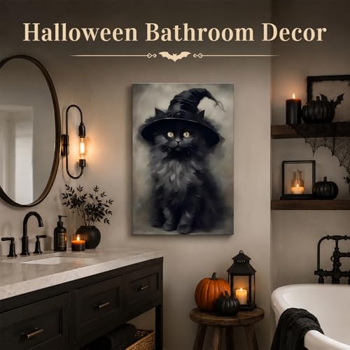 Halloween Black Cat Wall Art Canvas - Framed Gothic Decor - 12x18 Inches - Witch Kitten Design