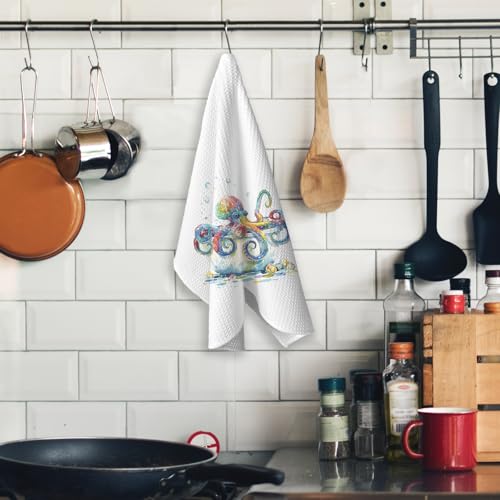 Beach Octopus Hand Towels - Coastal Marine Pattern for Bathroom & Kitchen, 16x24 Inches