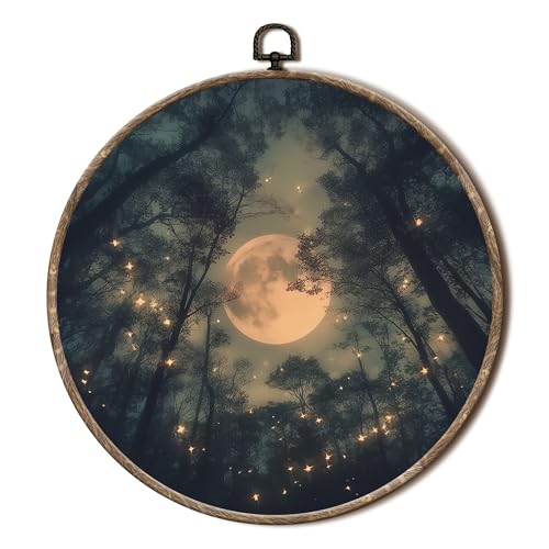 Full Moon Forest Round Wall Art Canvas - Enchanted Nature Decor, 10x10in