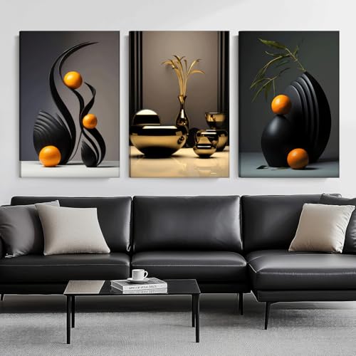 Black Abstract Canvas Wall Art Set - 12 x 16 in Modern 3-Piece Sculpture