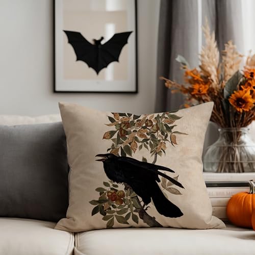 Gothic Halloween Crow Throw Pillow Cover 18x18 Inch Raven Decor