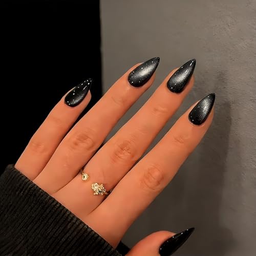 Cat Eye Press On Nails Almond Black - Handmade Medium Chrome Fake Nails for Women