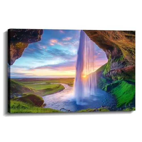 Landscape Canvas Wall Art Waterfall at Sunset - Nature-7 18x12 Inch