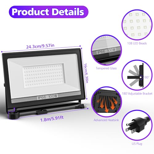 100W LED Black Light Flood Light - Blacklight Party, Outdoor & Indoor Waterproof