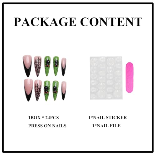 Long Black French Tip Stiletto Press On Nails with Green Black Variation - 24pcs Halloween Web Design
