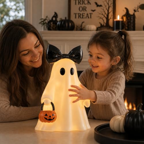 Large 14-Inch Lighted White Ghost Figurine with Pumpkin Lantern & Remote Timer - Halloween Decor Variation of Ghost with Pumpkin-White