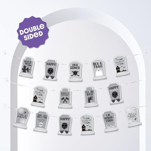 Halloween Tombstone Garland Banner - Spooky Graveyard Decoration - 15 Pieces