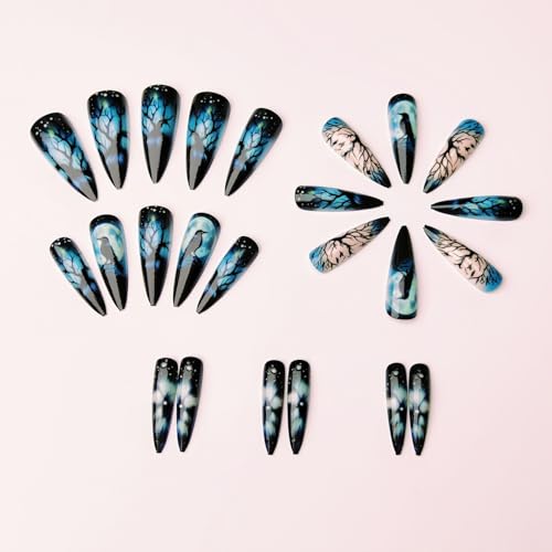 Halloween Press On Nails Black Fake Nails Long Stiletto with Forest & Crow Design - Variation 2390