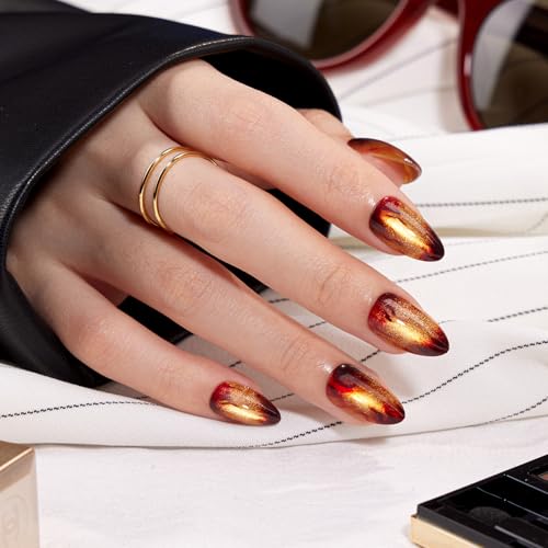 Press On Nails Short Almond with Glitter & Magnetic Effect - Warm Fireplace A2 Variation