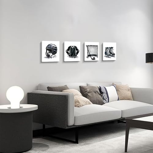 8x10 Inch Hockey Wall Art Set of 4 Framed Canvas Prints - Black & White Sports Decor