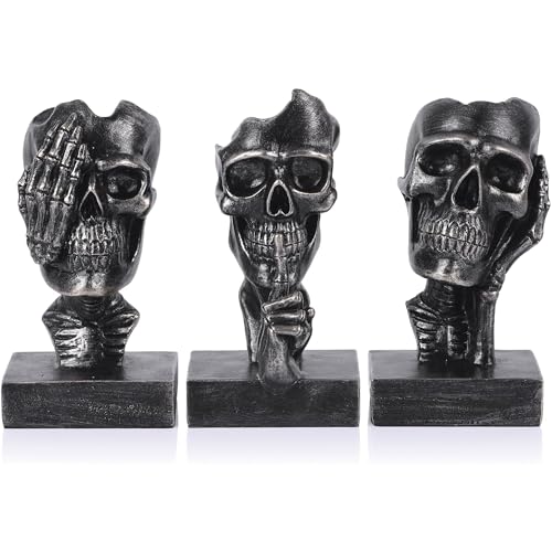Halloween Skeleton Figurines Set - See No Evil, Hear No Speak No Evil Skeleton Statues in Black Gold - Gothic Home Decor