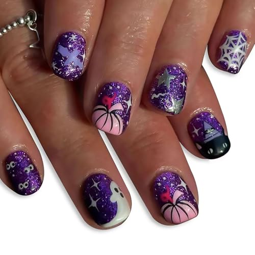Halloween Press on Nails Short Square Fake Nails with Pumpkin Spider Web Ghost Bat Designs Purple Glitter - Variation 2