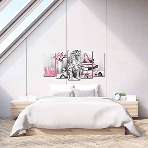 Leopard Canvas Wall Art Prints for Woman Bedroom - Pink, 60x32 Inches - 5 Piece Set
