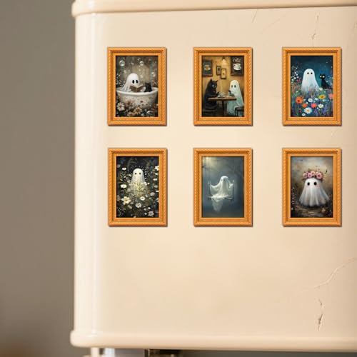Halloween Refrigerator Magnets - Vintage Wooden Ghost & Cat Design - Style 1 - 6 Pcs