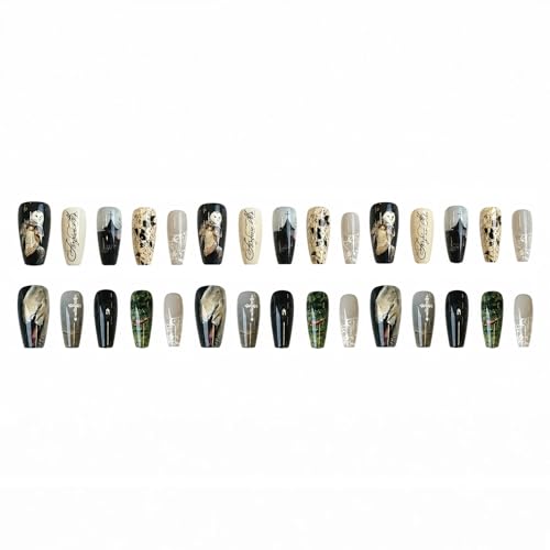 Press On Nails Long Coffin Goth Black with Owl Castle Design - 30 pcs, Variation 01701-22Black