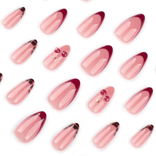 Mivota Medium Almond Press On Nails - French Cherry Variation, 3D Cherry & Gold Design, Red Tips & Leopard, 24PCS