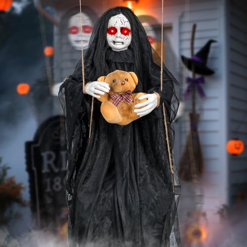 Black Haunted Girl Hanging Ghost Doll - Creepy Halloween Decor, Sound & Light