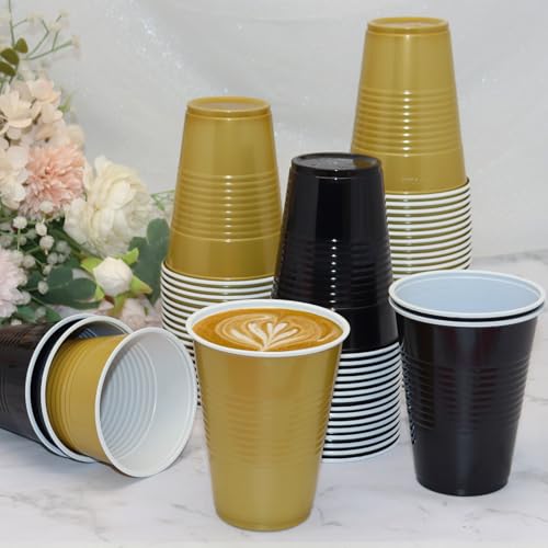 Black and Gold Plastic Cups 16 oz Pack of 100 - Party Disposable Drinkware with Textured Grip