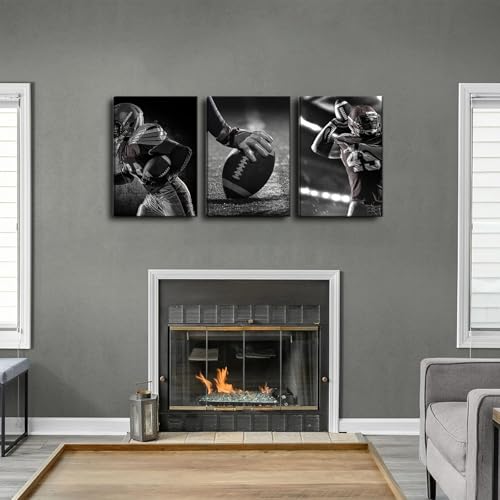 3Pcs Black and White Football Canvas Wall Art - Rugby Sports Decor, 24x16 Inches