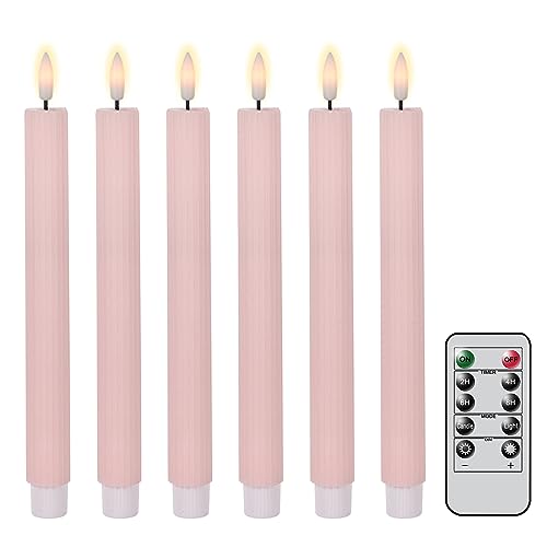 Pink Flameless Taper Candles with Remote & Timer - Ribbed LED Candlesticks, 6 Pack - J-Pink Ribbed-6