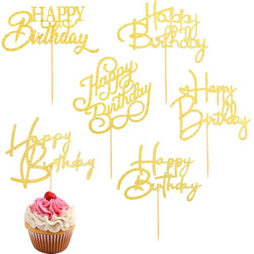 Gold Happy Birthday Cupcake Toppers 24Pcs Set - Birthday-Gold Variation