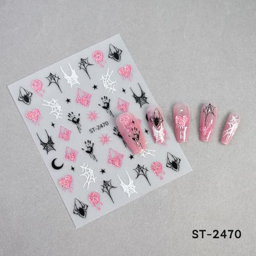 Halloween Nail Art Stickers Set - 6 Sheets Glitter Spider Skull Pumpkin Decals