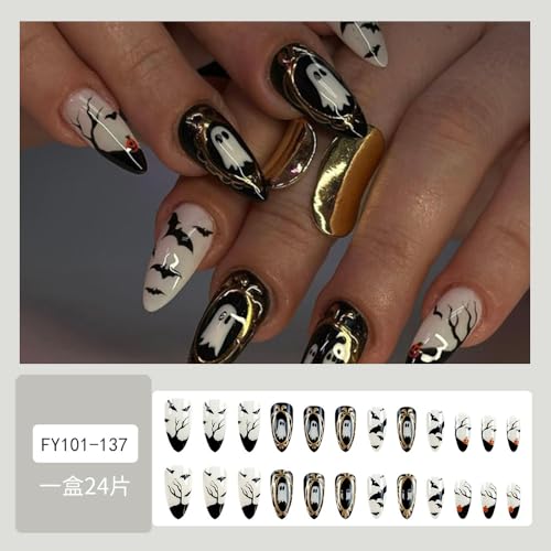 Halloween Press On Nails - Medium Almond Black Fake Nails with Gold Glitter & Ghost Design - Variation W11