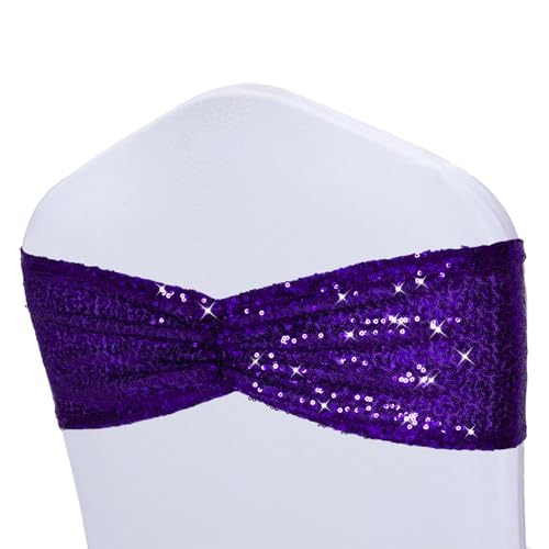 14x6 Purple Sequin Chair Sashes - Pack of 100 Folding Bow Covers for Weddings and Parties