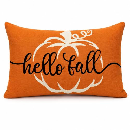 Hello Fall Pumpkin Rectangle Lumbar Throw Pillow Cover - 12x20 Orange