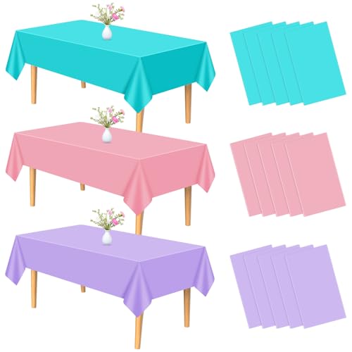 Sweet Color 15 Pcs Plastic Tablecloths - Pink, Purple & Blue 54x108 Inch Rectangular Picnic & Party Table Covers