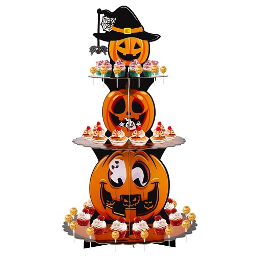 Halloween Cupcake Stand 3-Tier Pumpkin Cardboard Dessert Tower with Hole Design