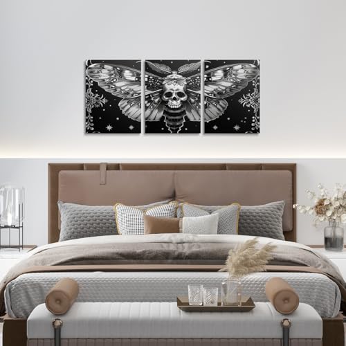 Gothic Death Skull Moth Wall Art Canvas Set - Boho Bedroom & Living Room Decor - Dark Black & Grey