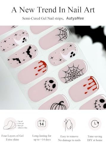AutyaMee Semi Cured Gel Nail Strips Trick or Treat Halloween Bat Skull Pumpkin 20 Pcs